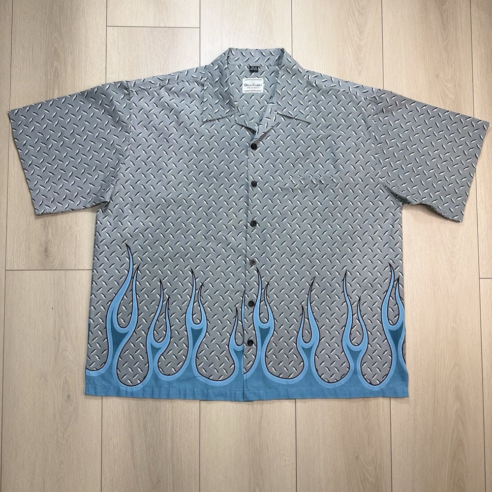 VTG Y2K David Carey Mens 3X Flame Button Up Shirt Gray Blue Cotton Thailand Camp